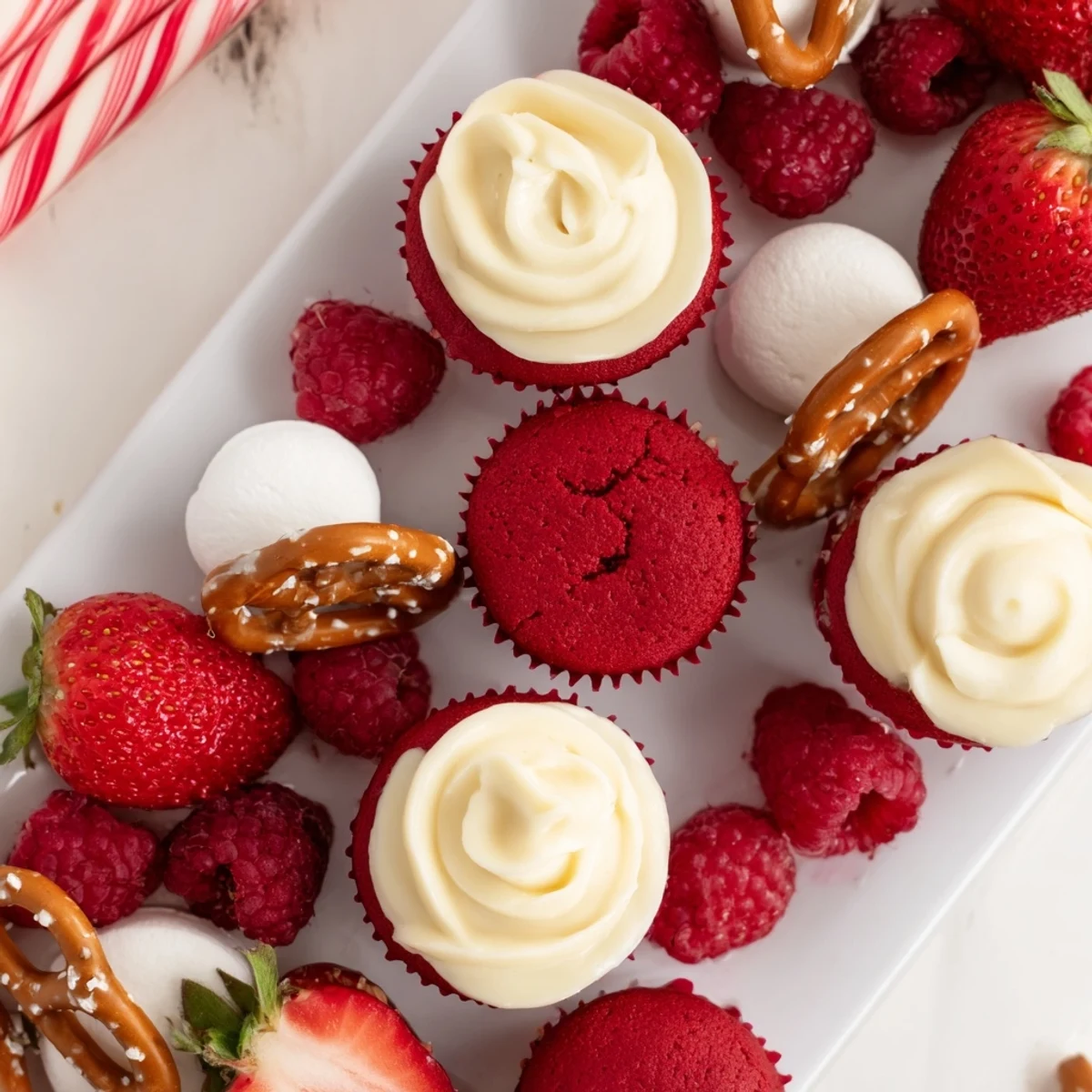 A beautiful Candy Cane Striped Platter arranged with strawberries, licorice, and vanilla treats.