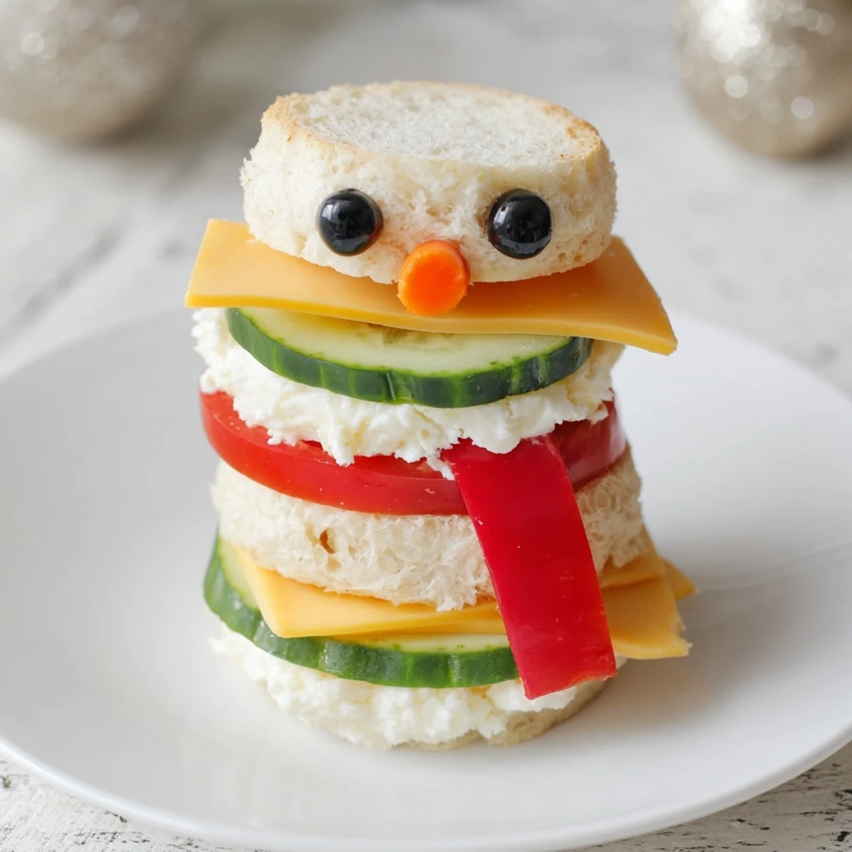 White bread circles assembled to create a fun Snowman Sandwich Stack, festively decorated and inviting.