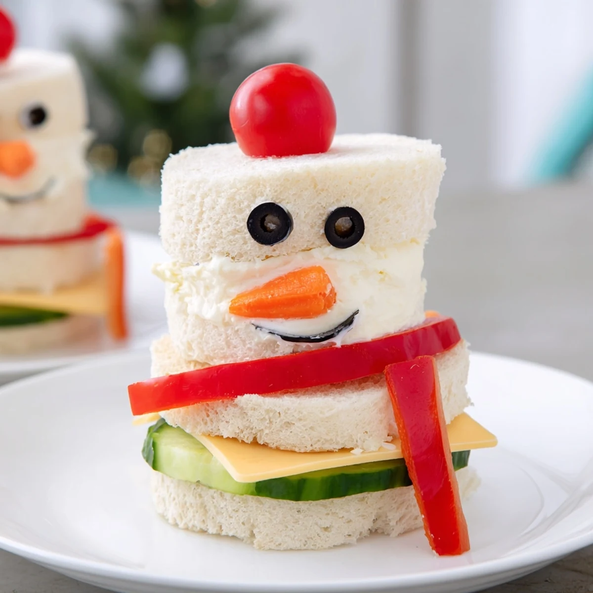 Perfect for kids, this creative Snowman Sandwich Stack shows colorful veggie details and creamy fillings.