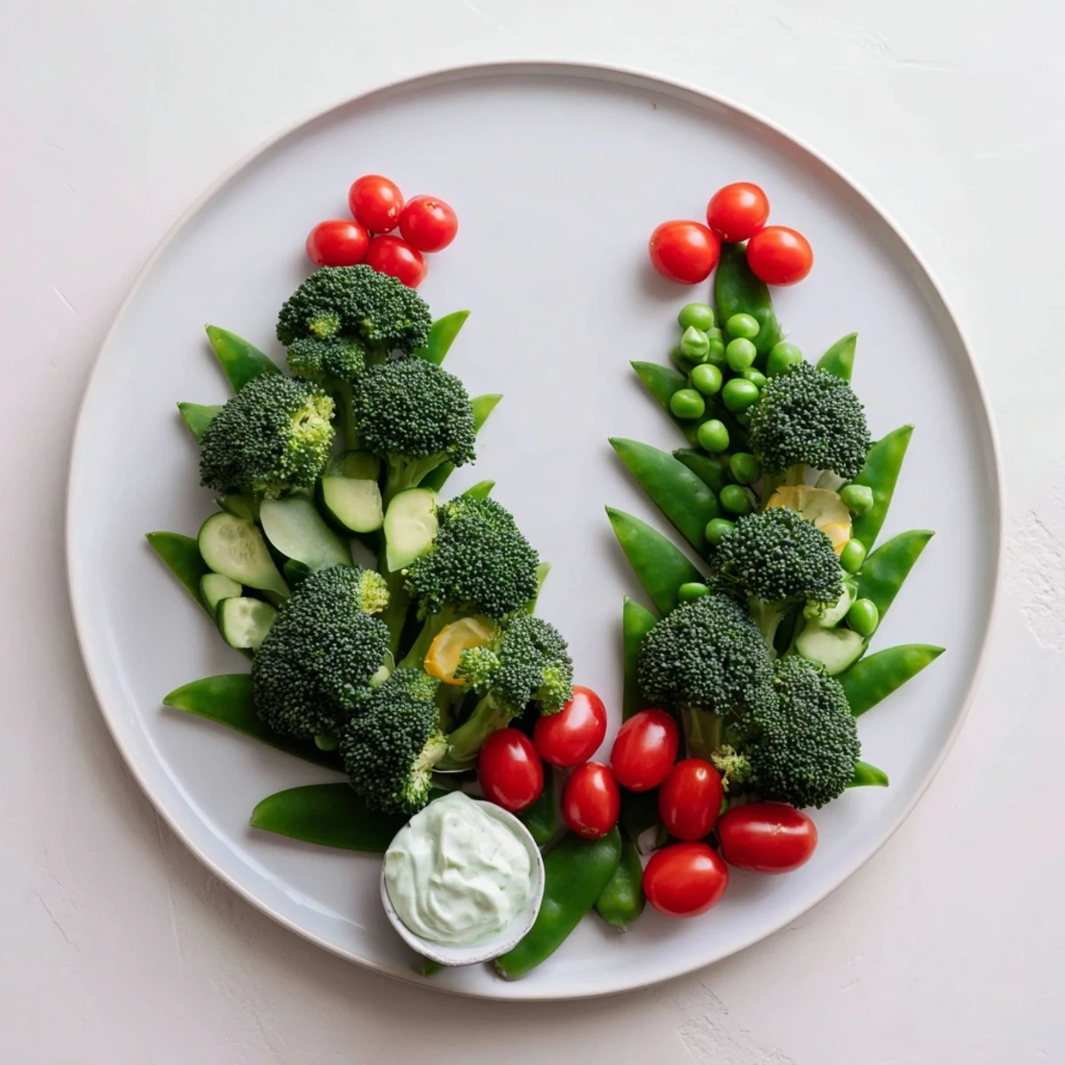 Vibrant Holly Leaf Veggie Board with fresh, colorful vegetables and creamy dip, ready to enjoy.