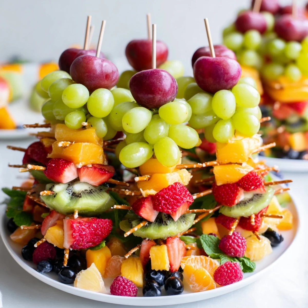 Vivid, fresh Ornament Fruit Medley, artfully arranged and topped with mint, ready to serve with a drizzle.