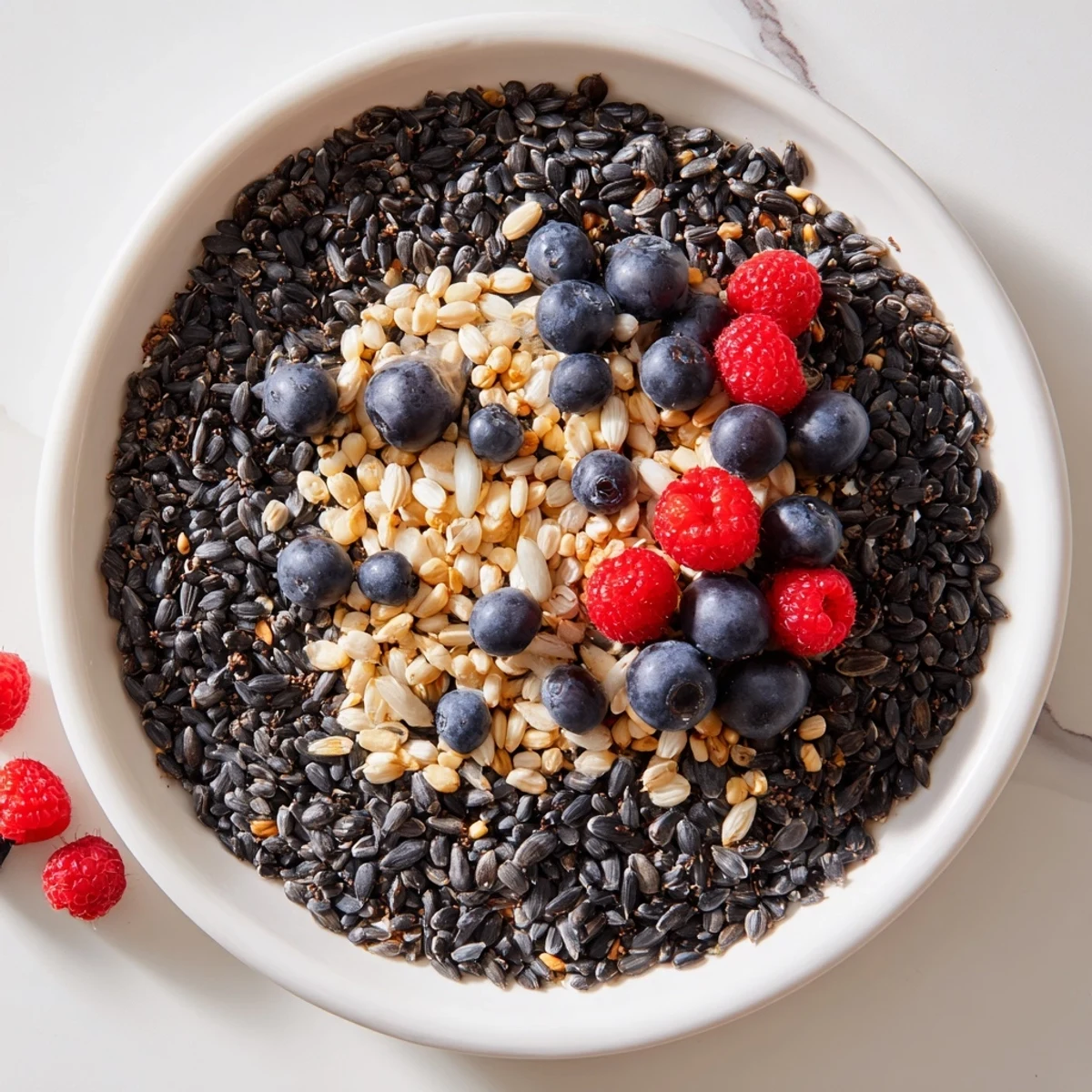 This Singing Bird Seed & Berry Platter features red raspberries and grapes, offering a nutritious bird treat.