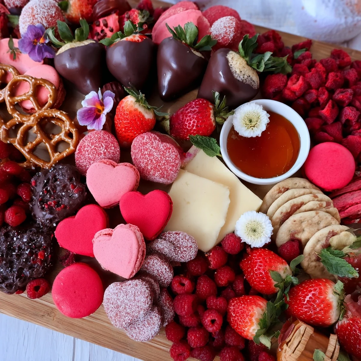A beautiful Sweetheart Valentines Day Board overflowing with treats and fruits, inviting romance.