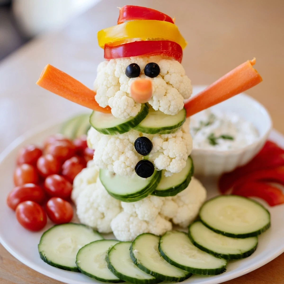 Snowman Crudités with Dip: A festive platter of fresh, colorful vegetables artfully arranged.