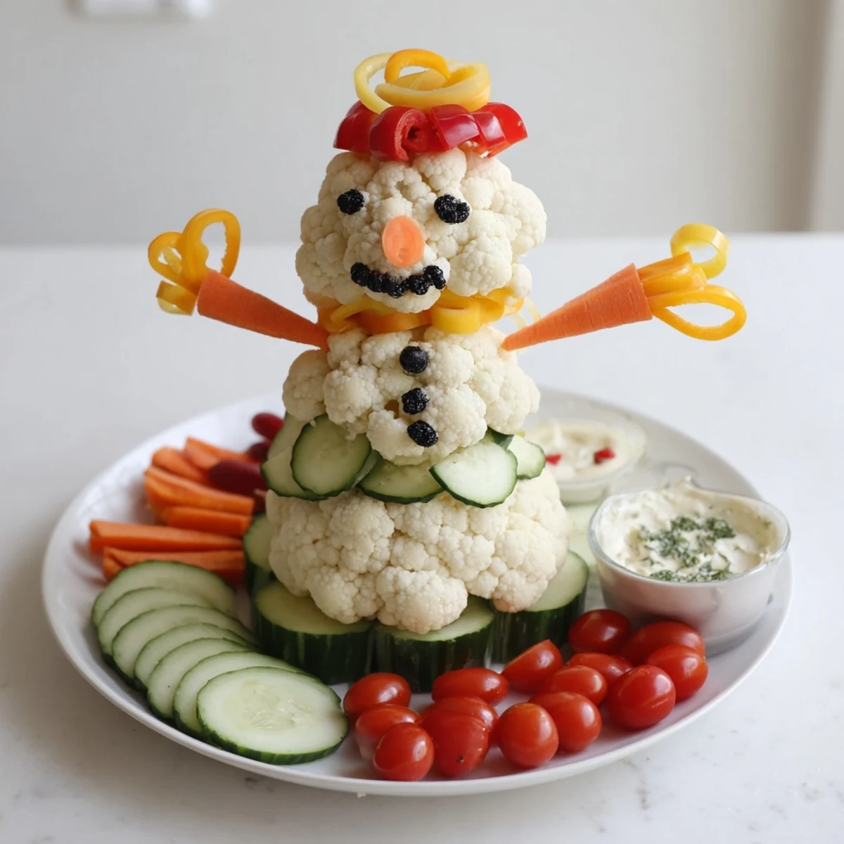 Enjoy a delicious medley: Crunchy Snowman Crudités with Dip alongside creamy, herb-infused dipping sauce.
