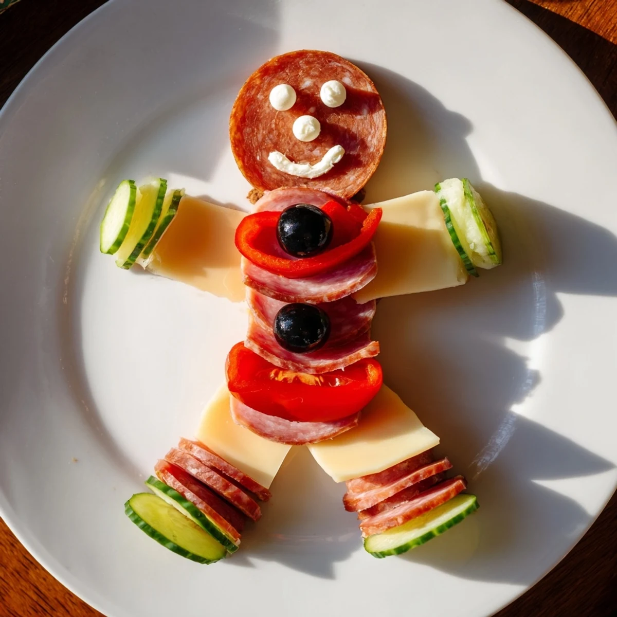 Gingerbread Man Savory Charcuterie: a festive meat and cheese platter arranged in a gingerbread man shape.
