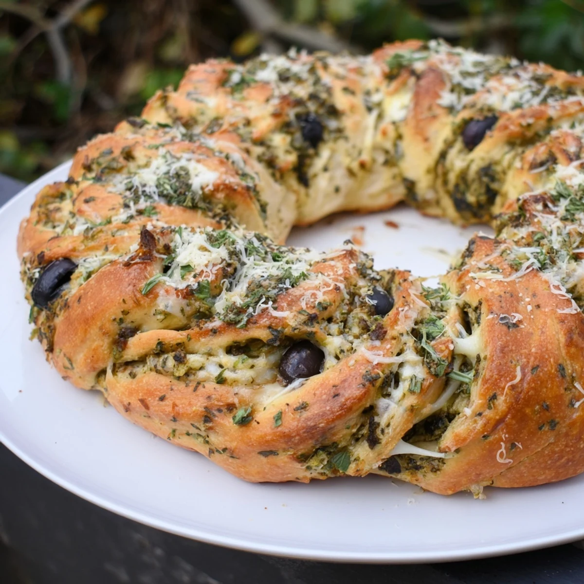 A close-up of a warm, fragrant Savory Wreath recipe topped with herbs and cheese, ready to eat.