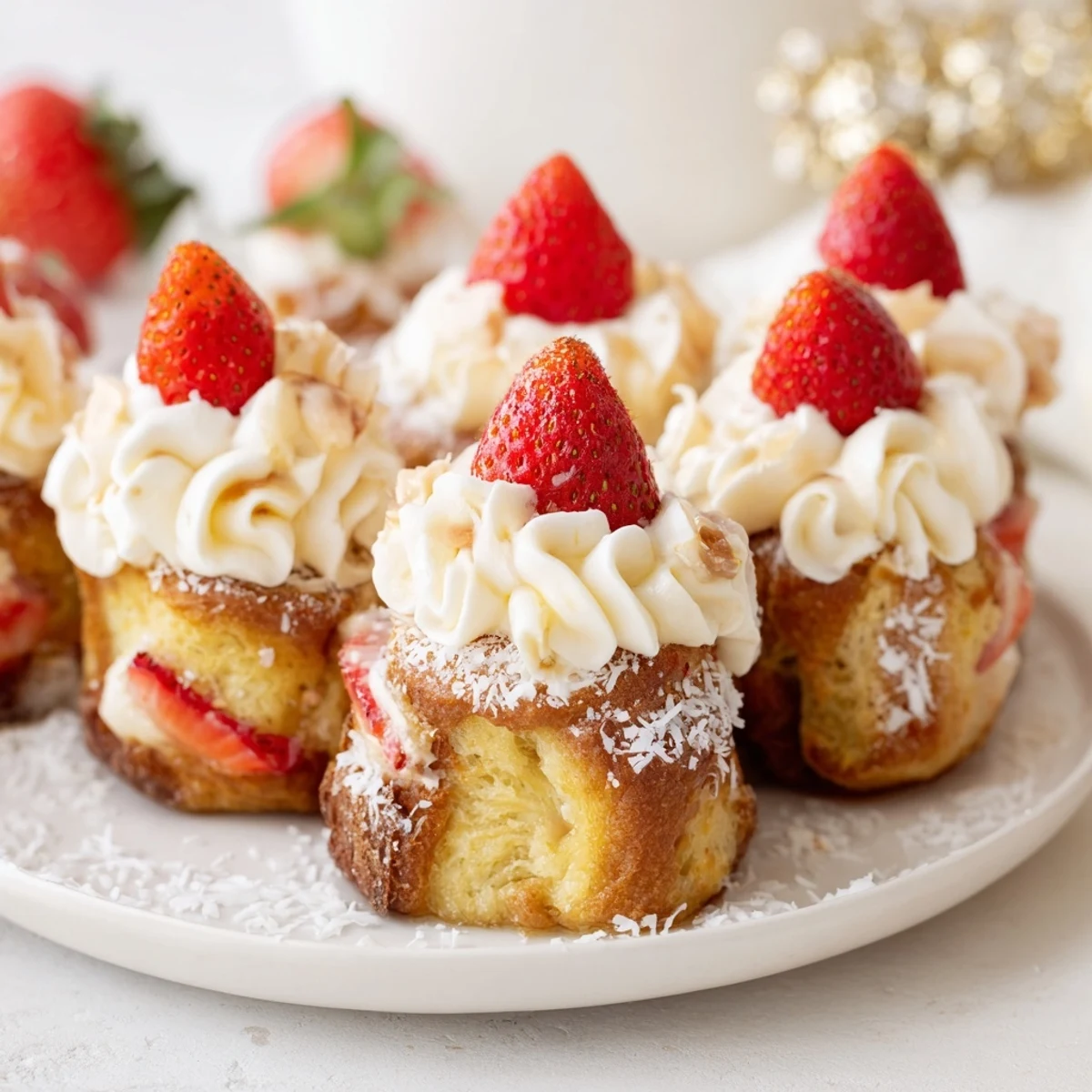 Mini muffin tray of festive Santa Hat Bread Pudding Bites ready to be served at a holiday party.