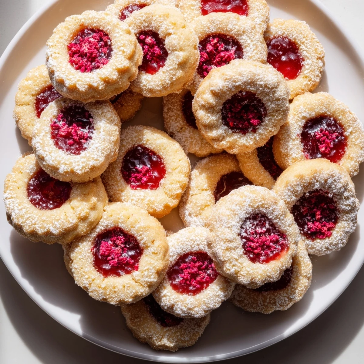 Delectable Sweet Wreath cookies showcase a vibrant raspberry filling, perfect as a holiday dessert platter.