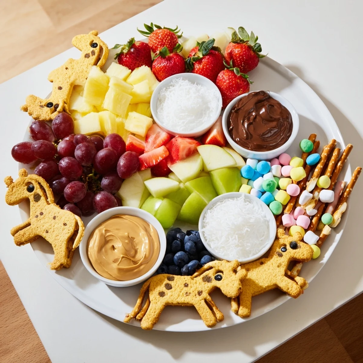 Animal Cracker Safari Board with vibrant fruit and creamy yogurt, a colorful snack platter.