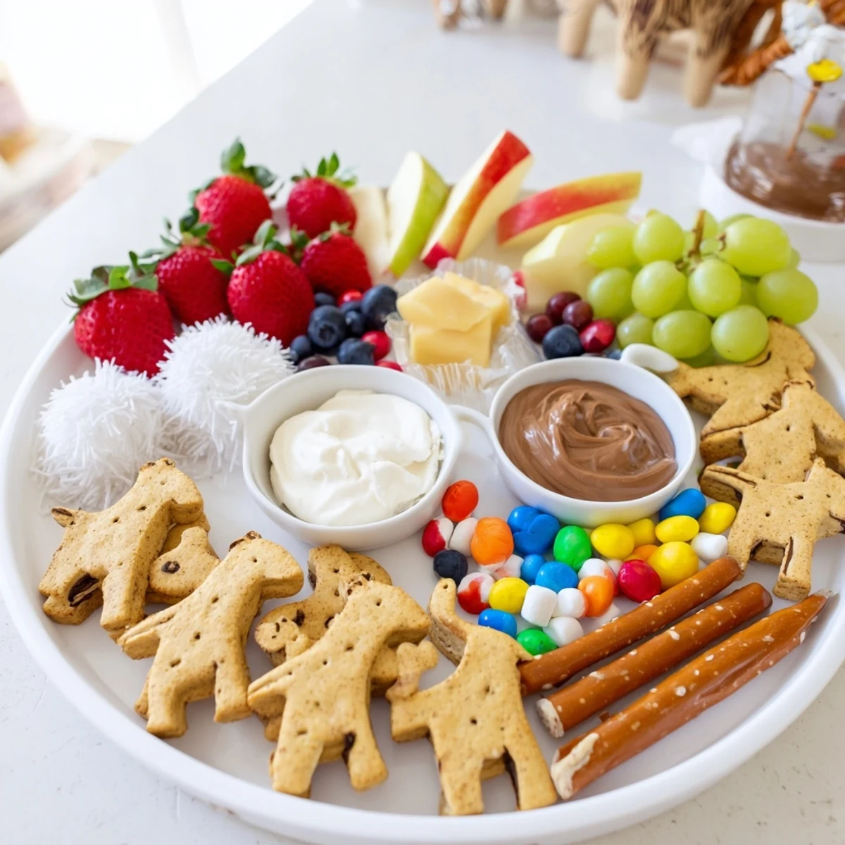Fun Animal Cracker Safari Board, featuring sweet fruit, dipped in yogurt and chocolate spread.