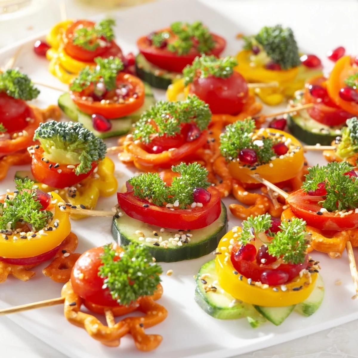 Vibrant Themed Crudités platter showcases red bell pepper ornaments with colorful garnishes and creamy dips.