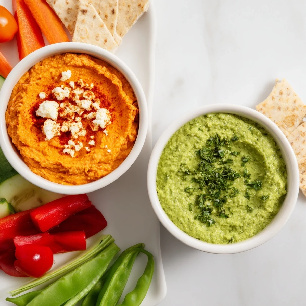 Festive Dip board: A visually delightful holiday appetizer with red pepper dip and green goddess dip, arranged with colorful dippers.