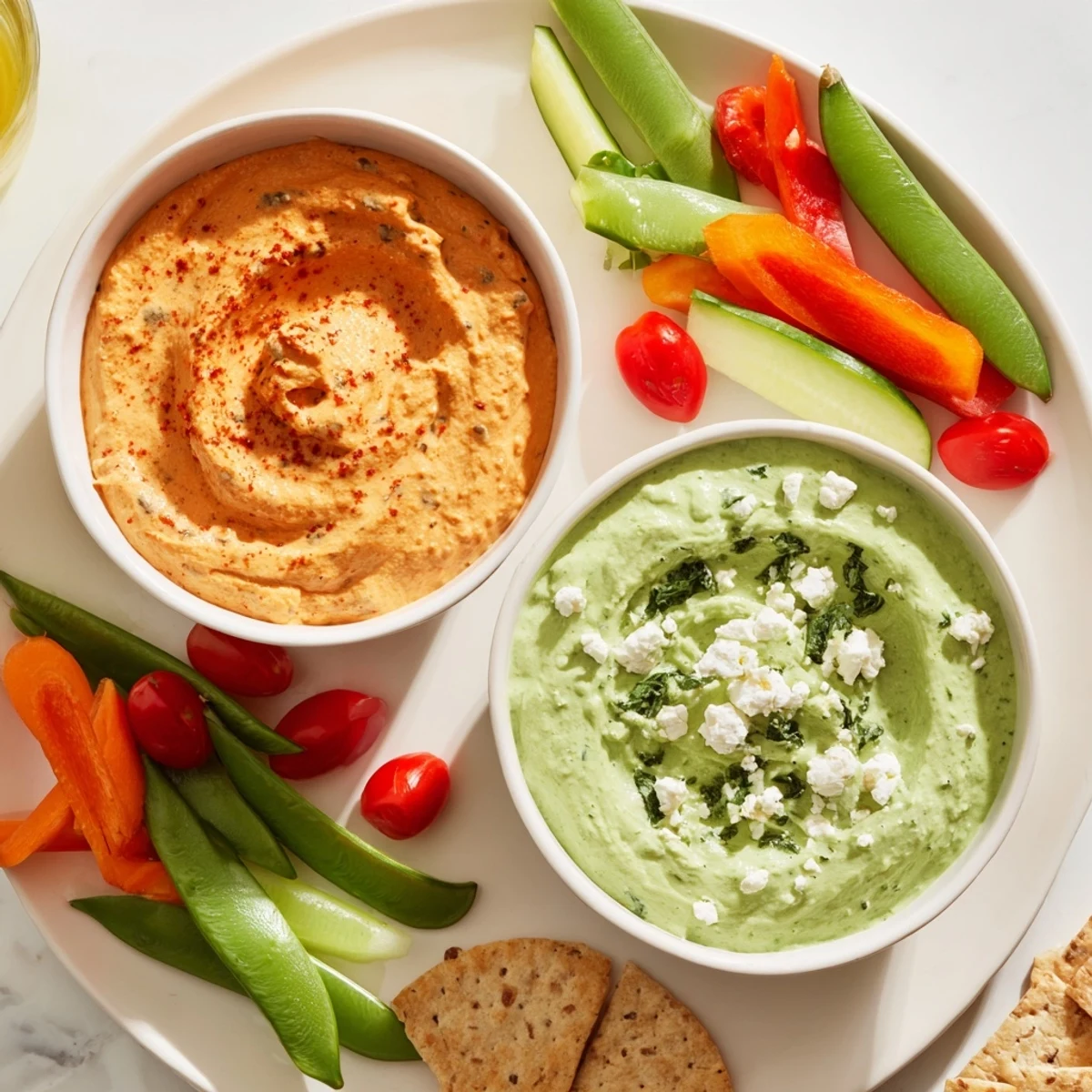 Savory Festive Dip creation: A close-up view of the creamy roasted red pepper and herbed green goddess dips with assorted, crisp dippers.