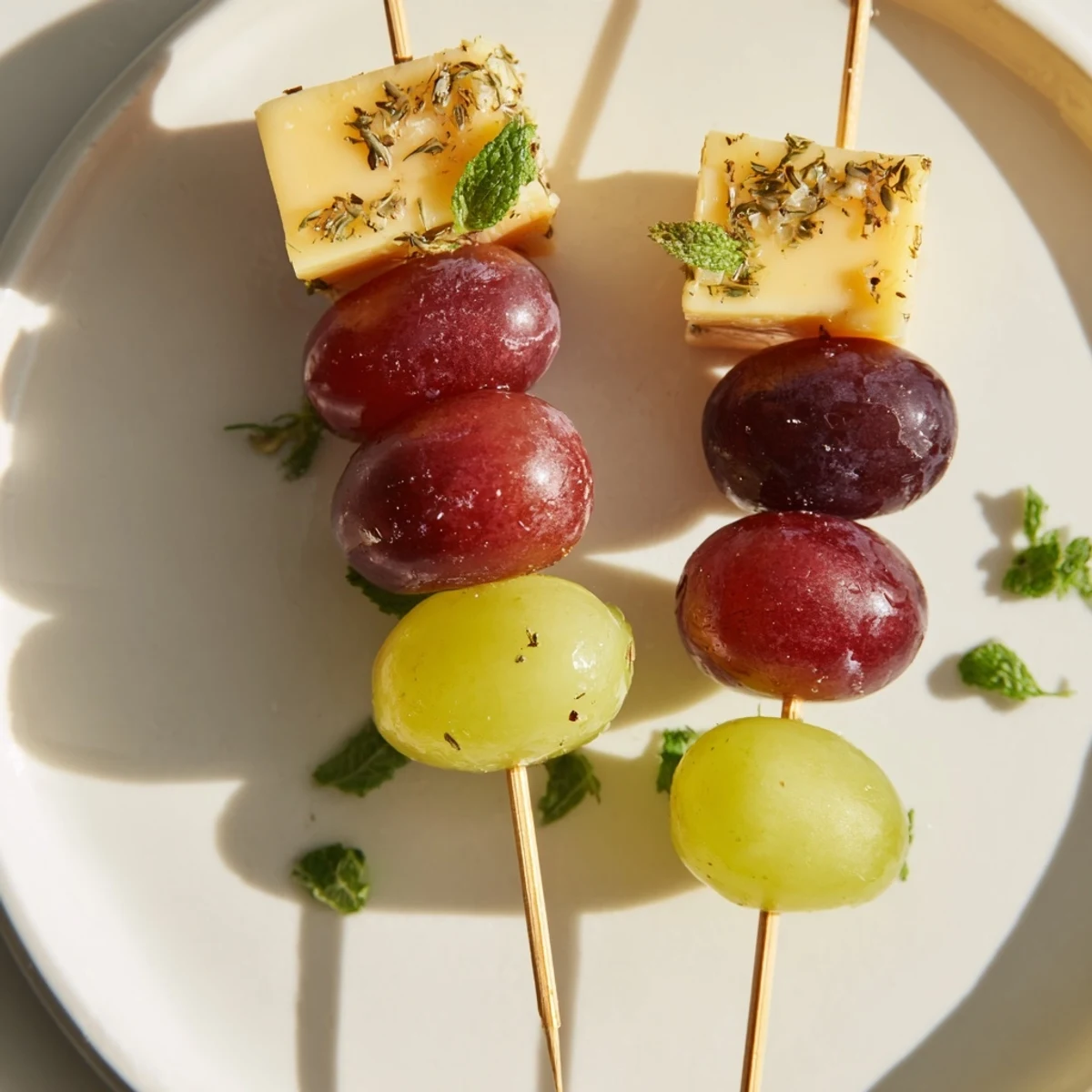 A beautiful close-up of Sparkling Grape and Cheese Skewers, showing the fresh, vibrant ingredients.