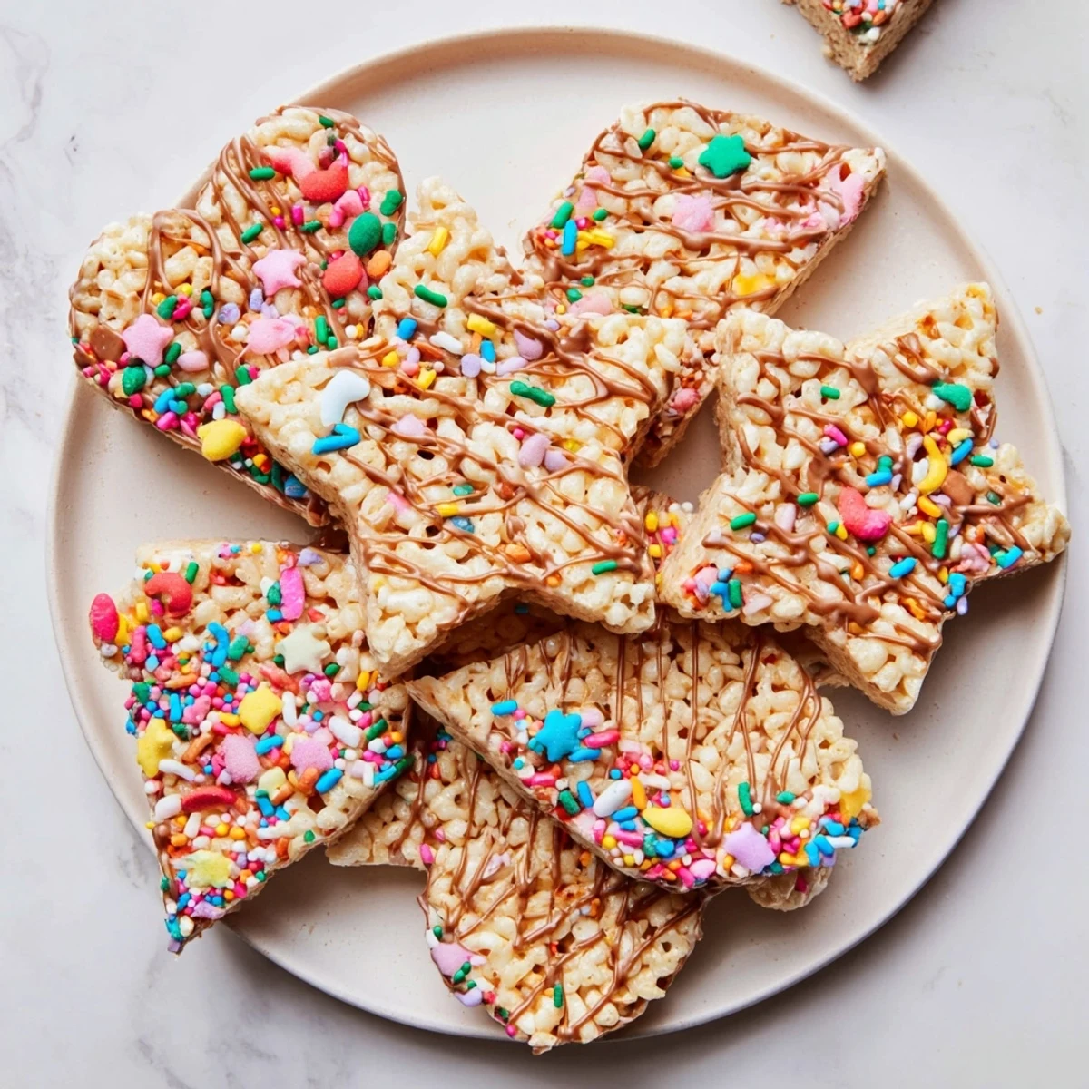 Warm, golden Cookie Cutter Shaped Rice Krispies Treats, ready to be decorated with various colorful sprinkles.