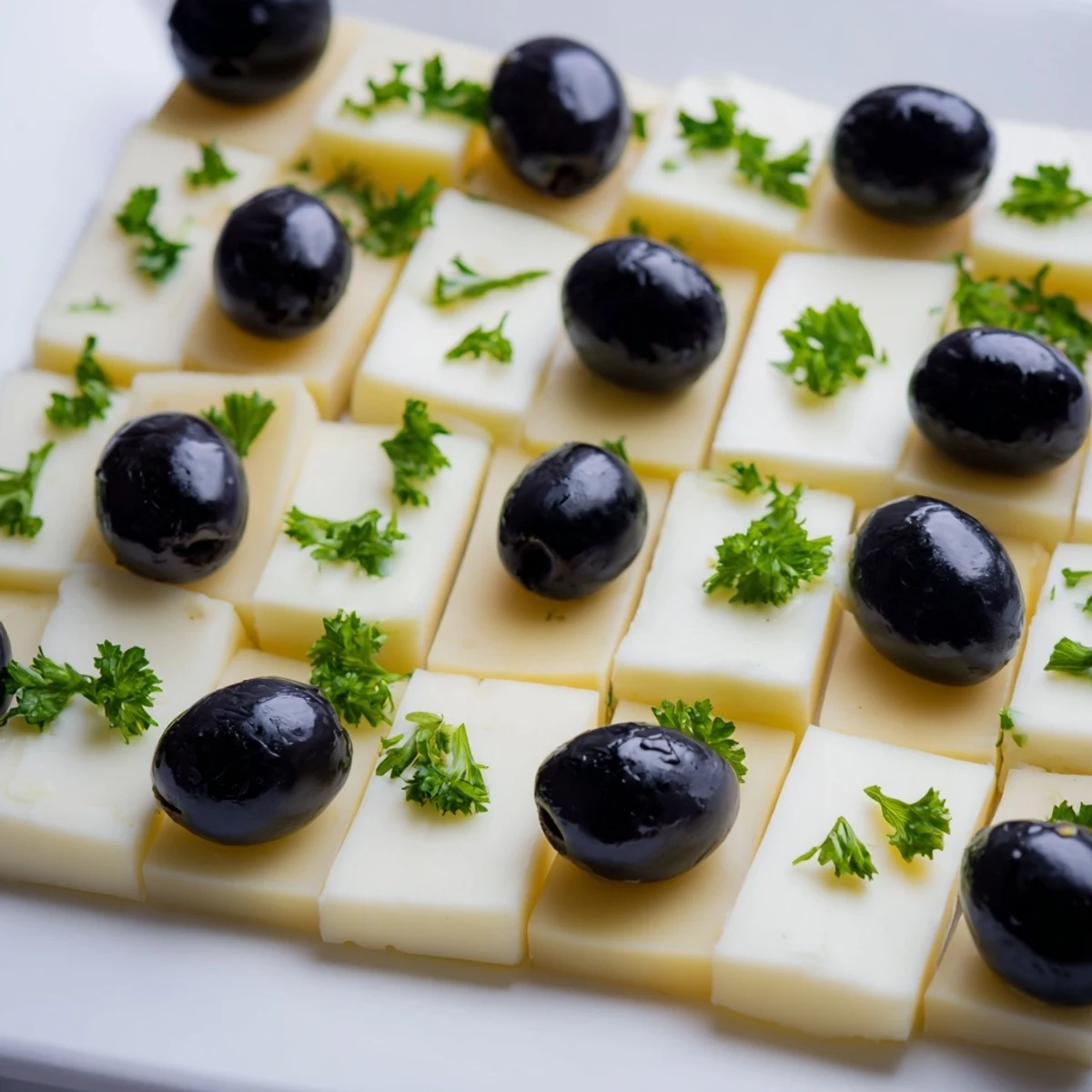 Vibrant Cheese and Olive Chess Board appetizer, beautifully arranged on a platter, ready to serve guests.