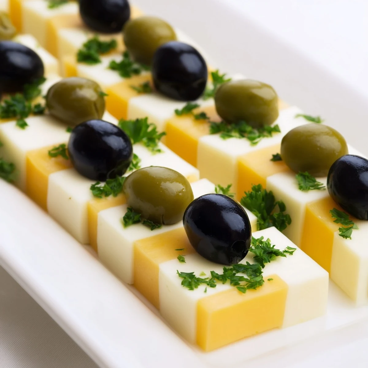 This Cheese and Olive Chess Board artfully combines cheddar squares and glistening olives in a party-ready pattern.