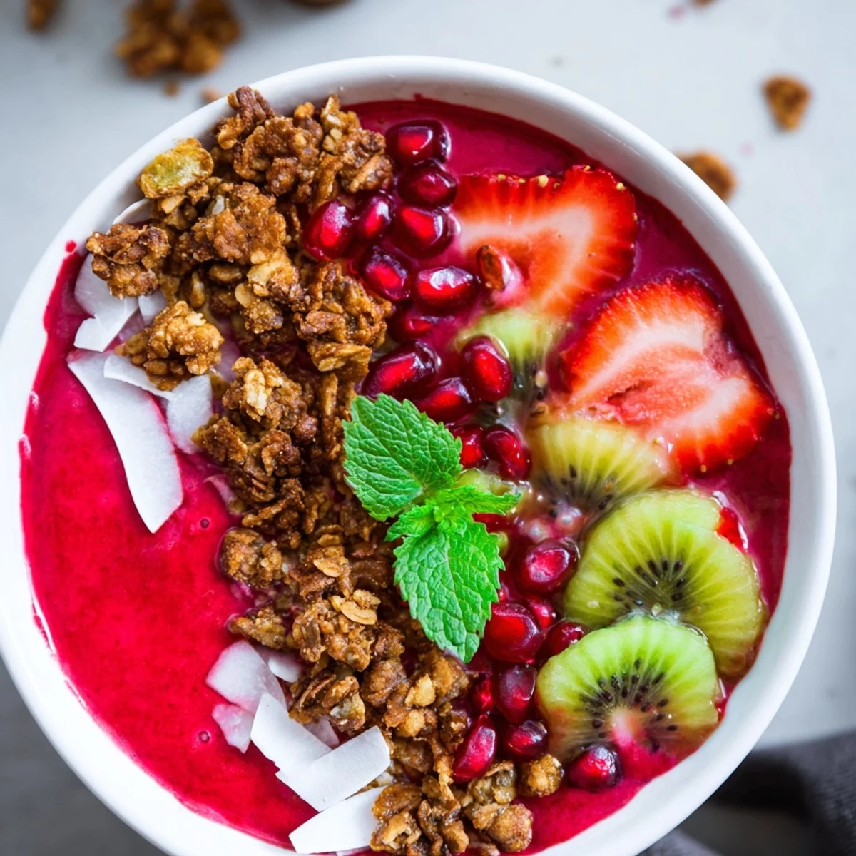 A colorful, layered Festive Red and Green Smoothie Bowl topped with luscious fresh fruit and granola.