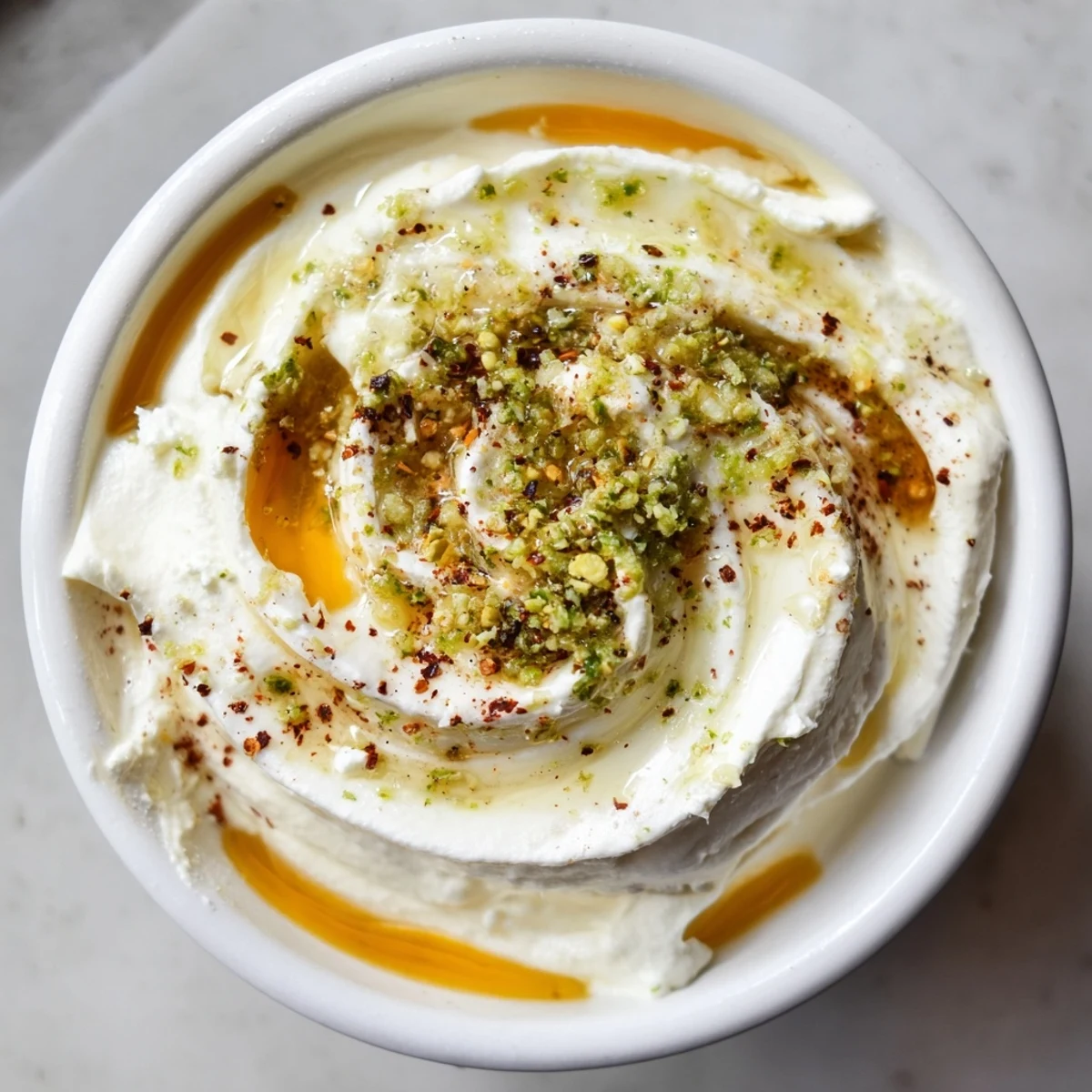 Swirled Angel Wings Whipped Feta Dip, drizzled with honey, ready to be scooped with pita chips.