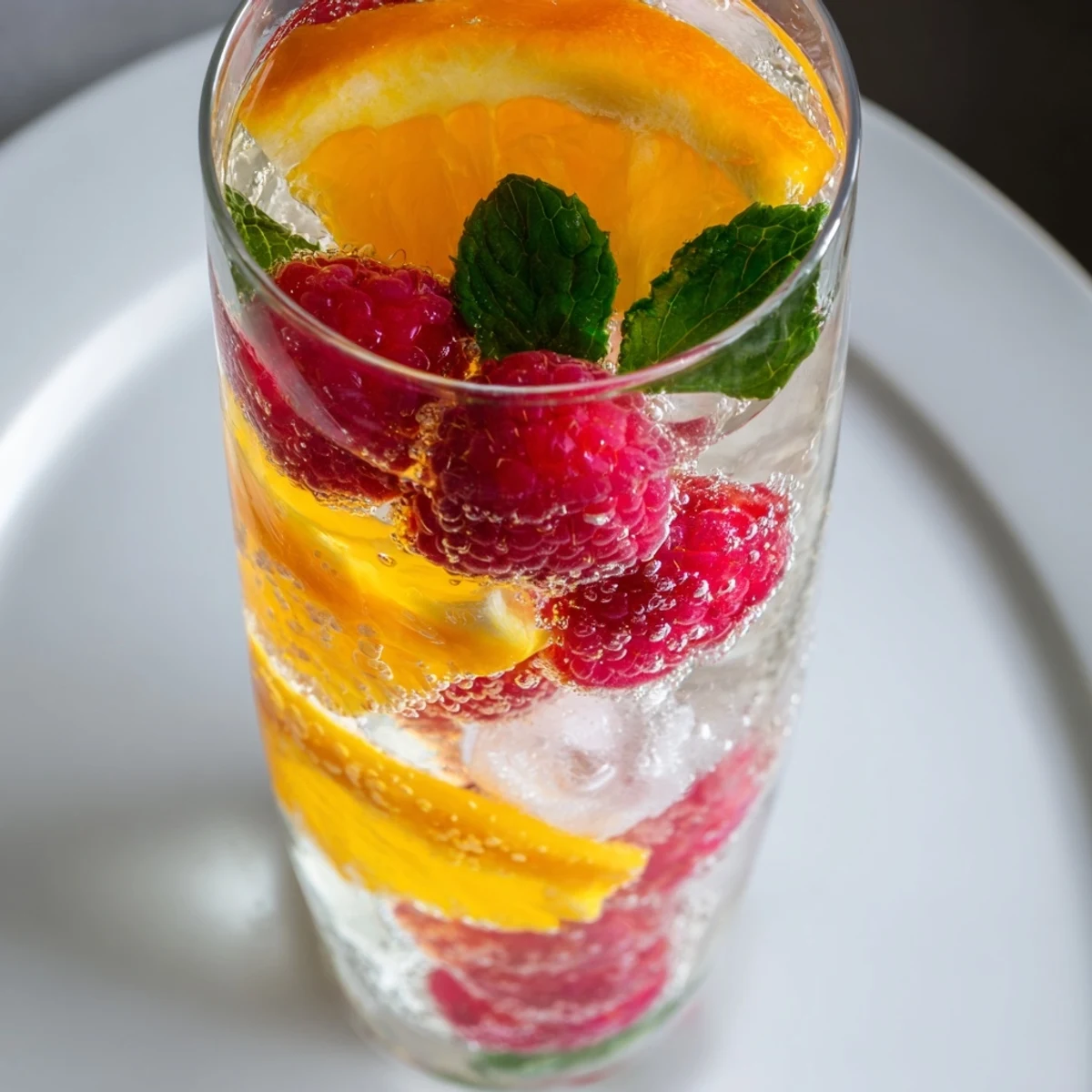 A vibrant glass of Sparkling Juice with Raspberries, overflowing with fresh berries and ice.