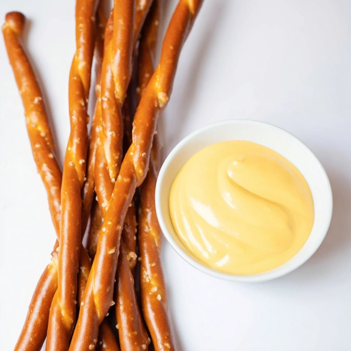 Crispy pretzel rods ready to dip, with a bowl of vibrant, homemade hot mustard.
