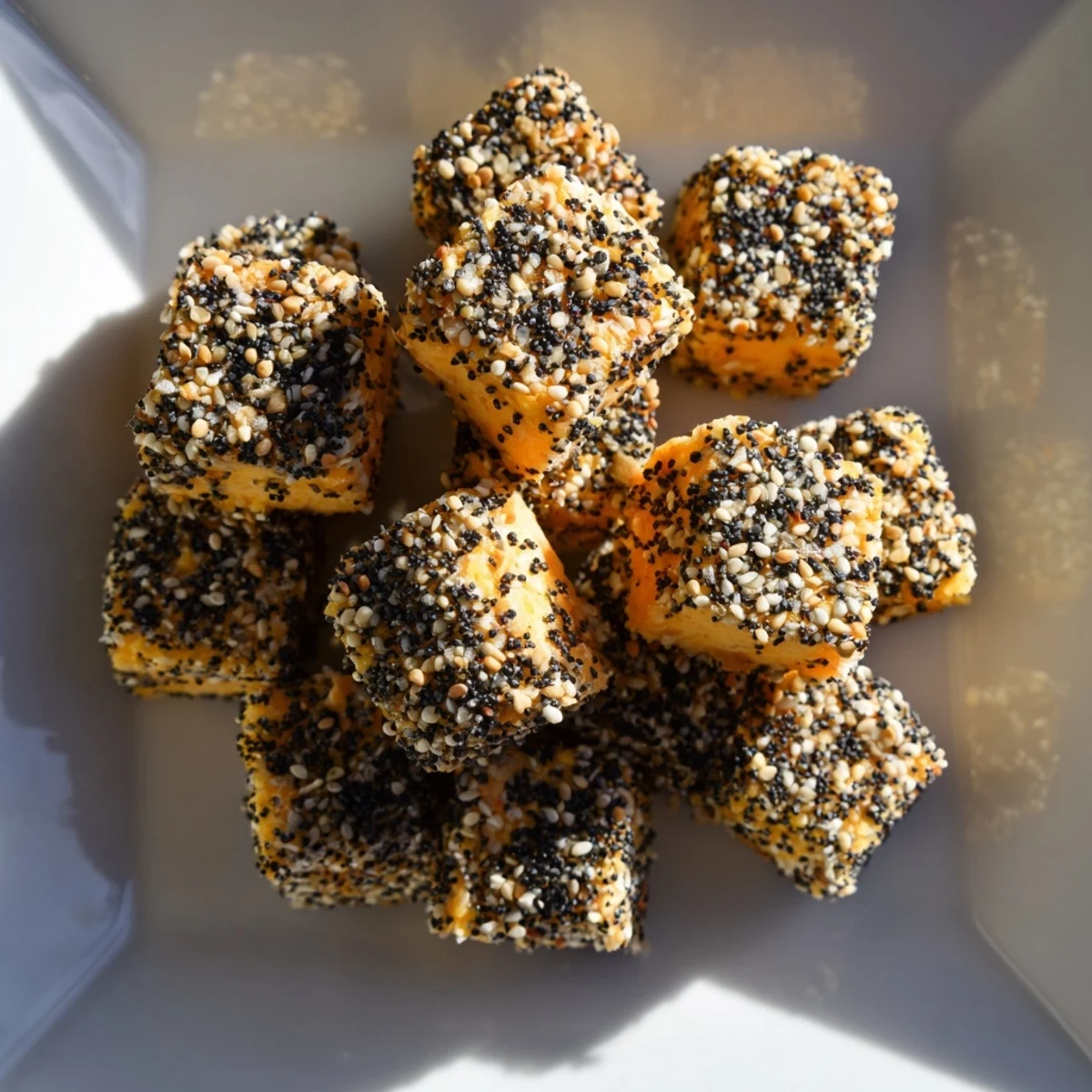 Crunchy everything bagel seasoning coats these savory cheese cubes, a perfect bite of flavor.