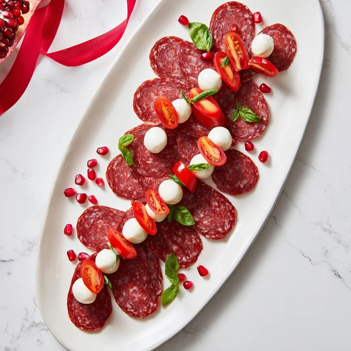 Vibrant holiday cheese board, Candy Cane Zigzag, with salami, mozzarella, and juicy cherry tomatoes inviting you.