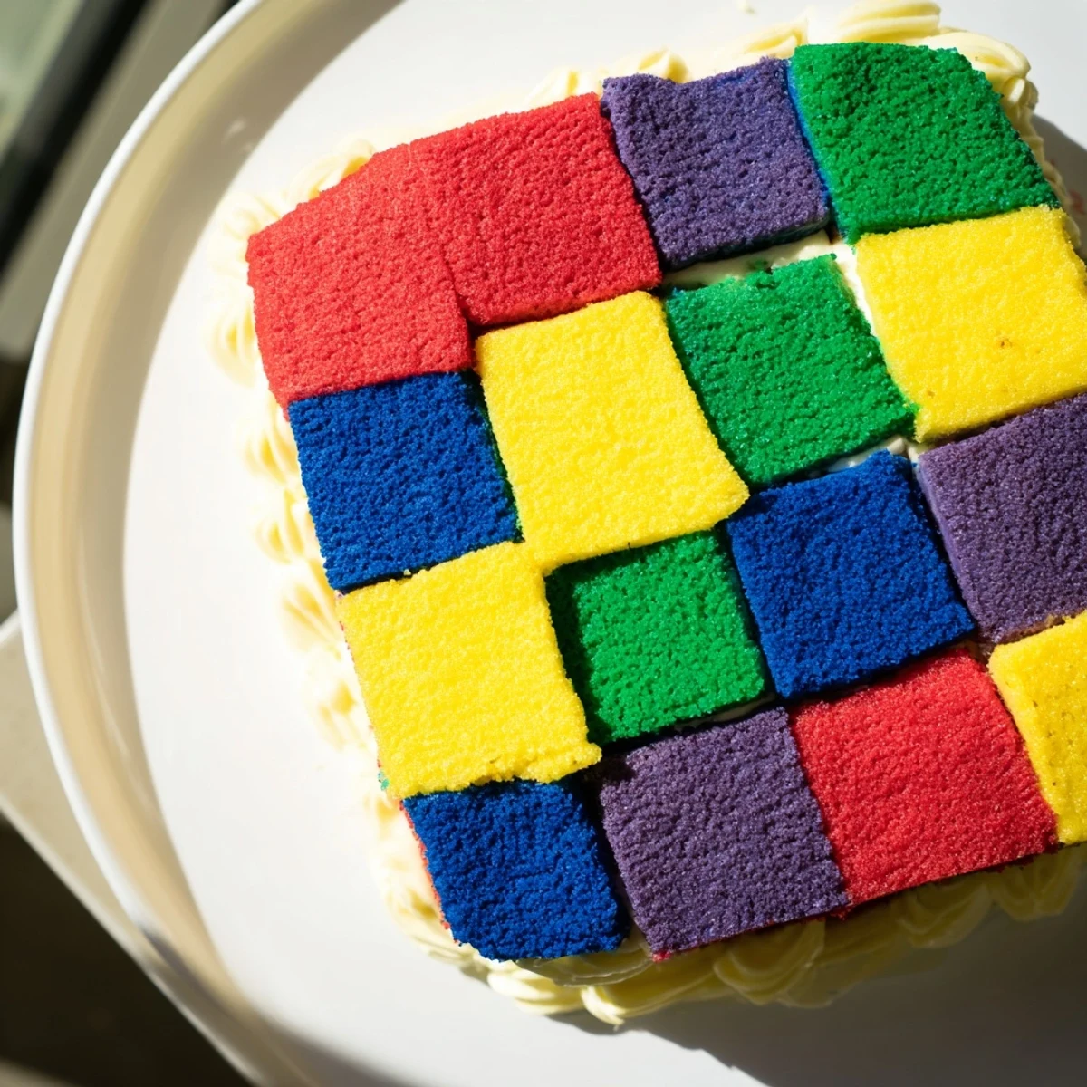 A stunning view of The Cozy Quilt Patchwork Cake, with colorful sponge squares in a quilt design.