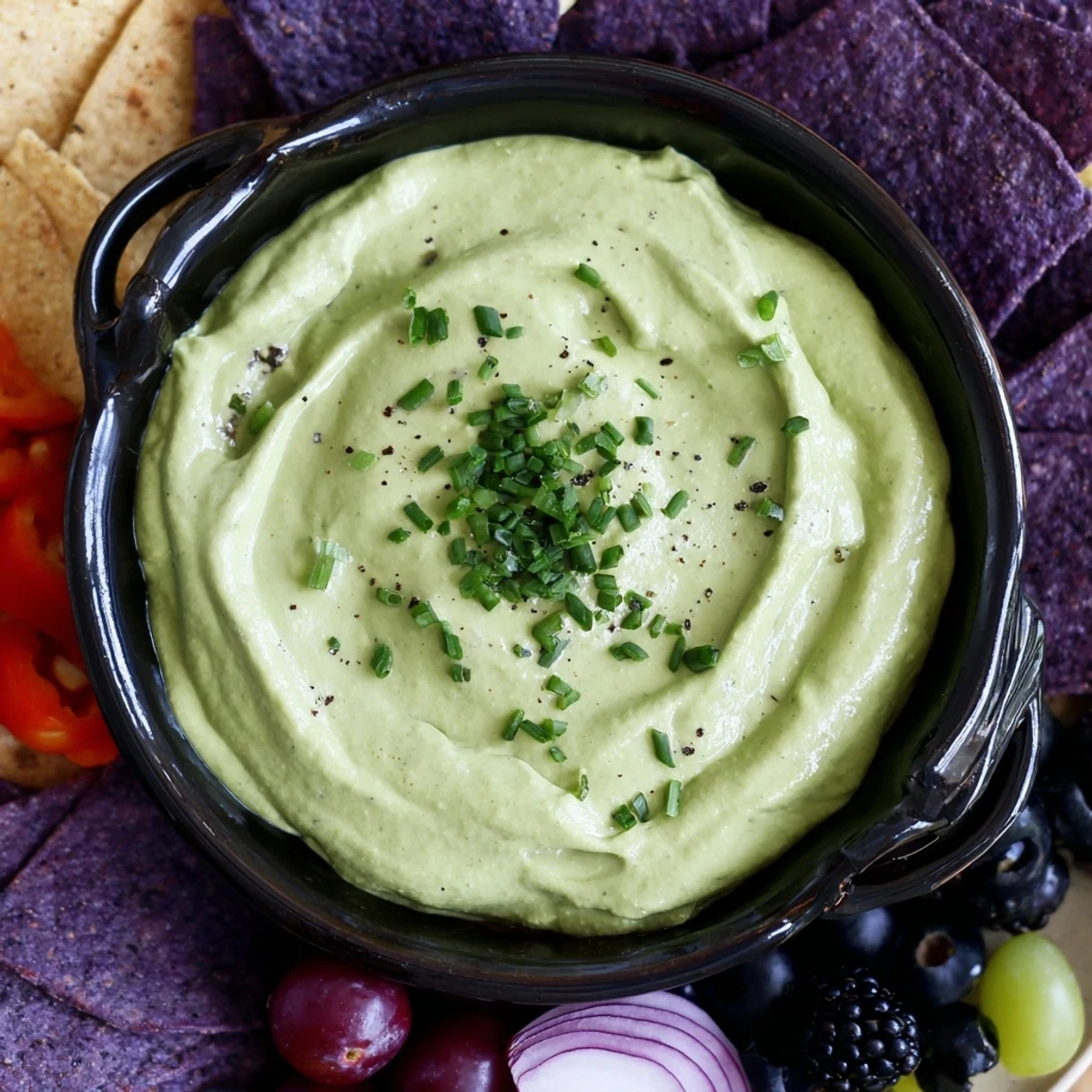 A bubbling, creamy Witch's Brew Cauldron, perfect for a Halloween appetizer with colorful dippers arranged around it.
