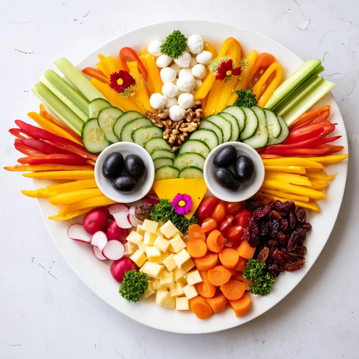 Artfully arranged The Masquerade Mask appetizer platter with vibrant fruits and cheeses looking delicious.