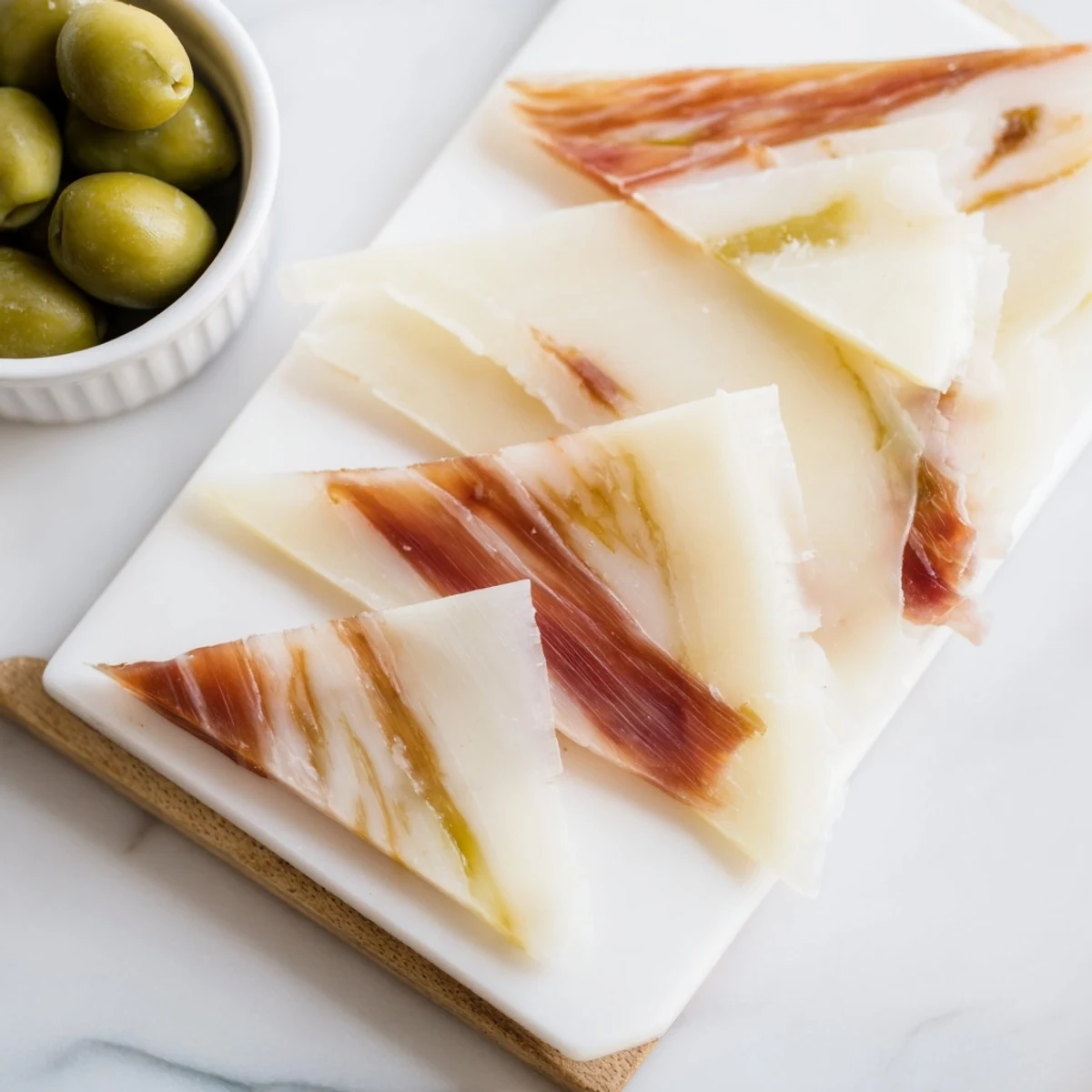 Elegant Minimalism Master cheese board featuring aged Comté, Jamón Ibérico, and bright green olives.