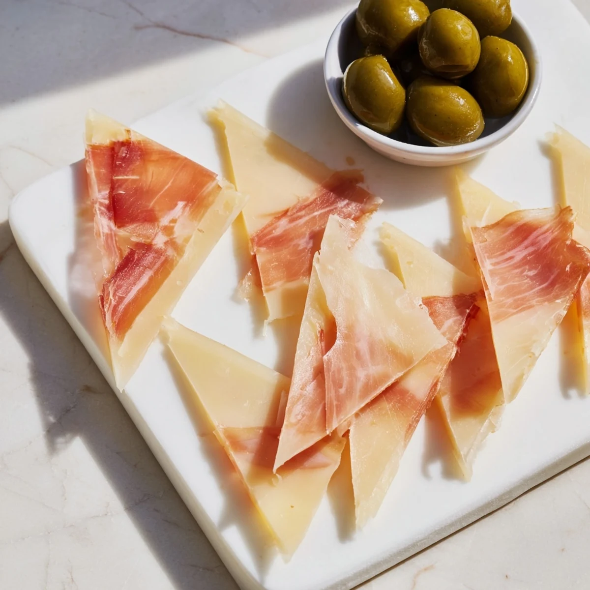 The simple beauty of a Minimalism Master cheese board: savory aged cheese, ham, and olives await.