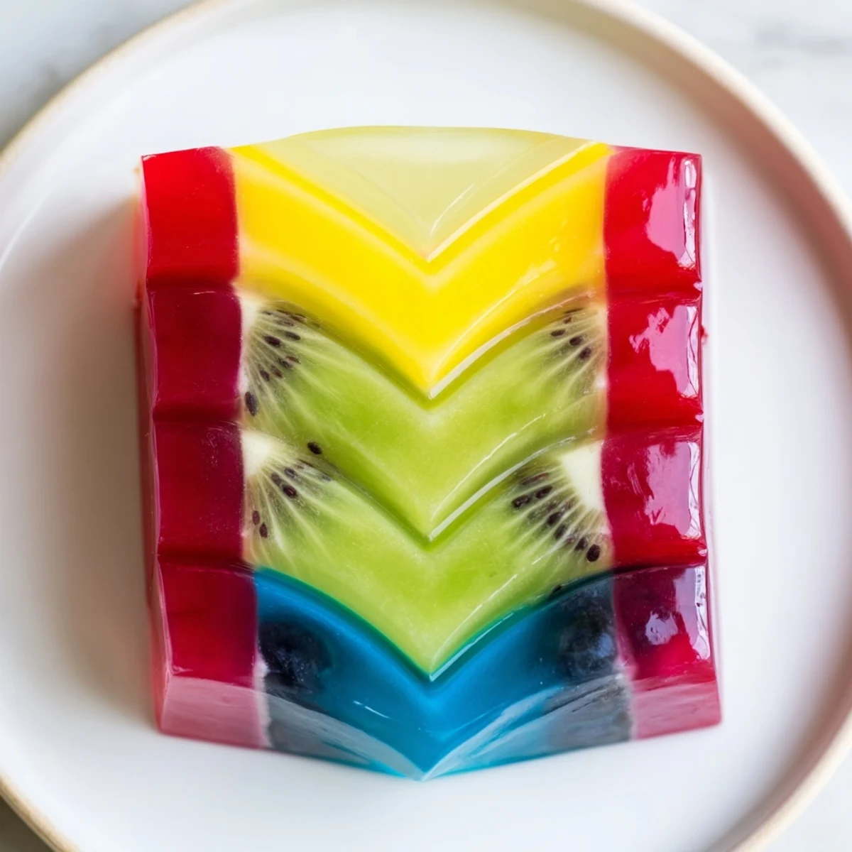 A slice of The Kaleidoscope dessert displaying its vibrant, multicolored V-shaped layers.