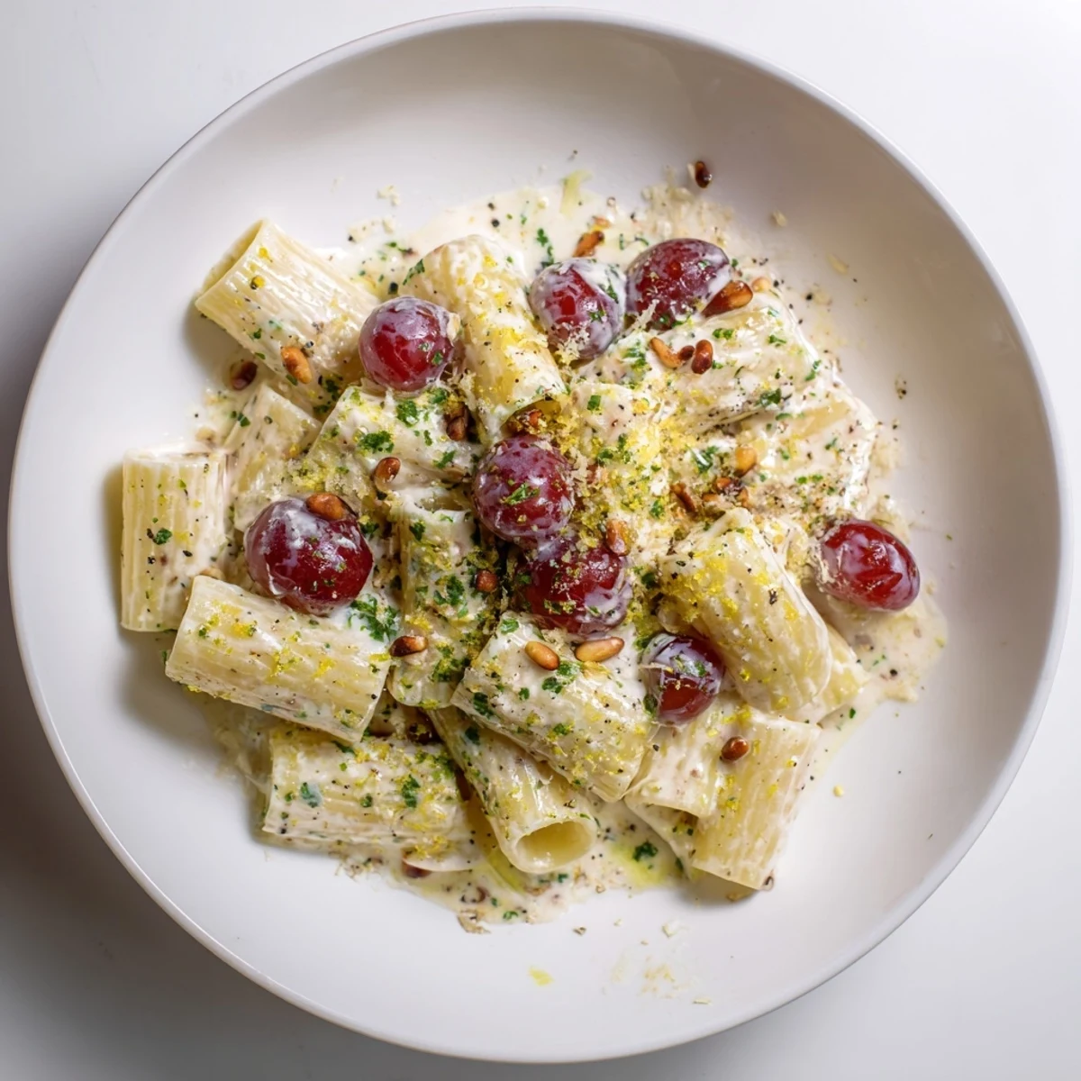 A beautiful close-up of pasta with roasted grapes and creamy ricotta, ready to serve.