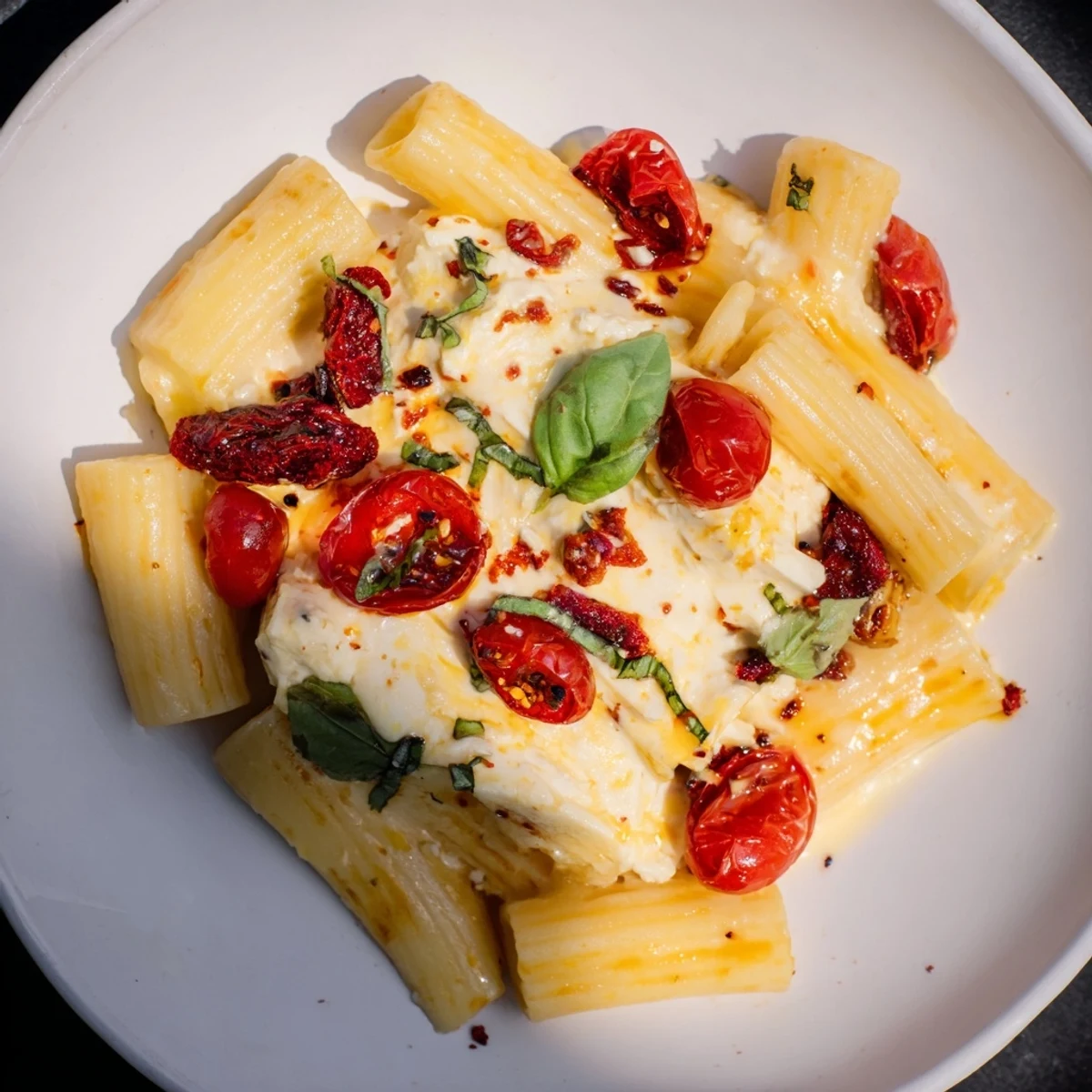 Vibrant Baked Feta Pasta, with colorful cranberries, herbs and creamy feta.