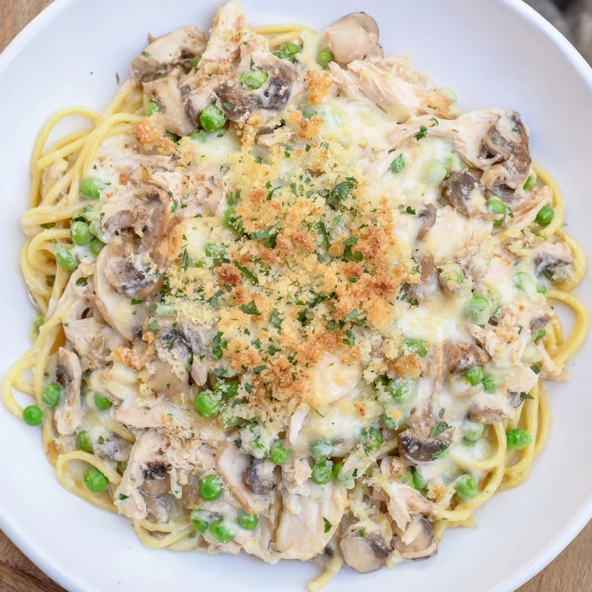 Steaming hot Turkey Tetrazzini features tender turkey and pasta in a rich, white wine sauce.