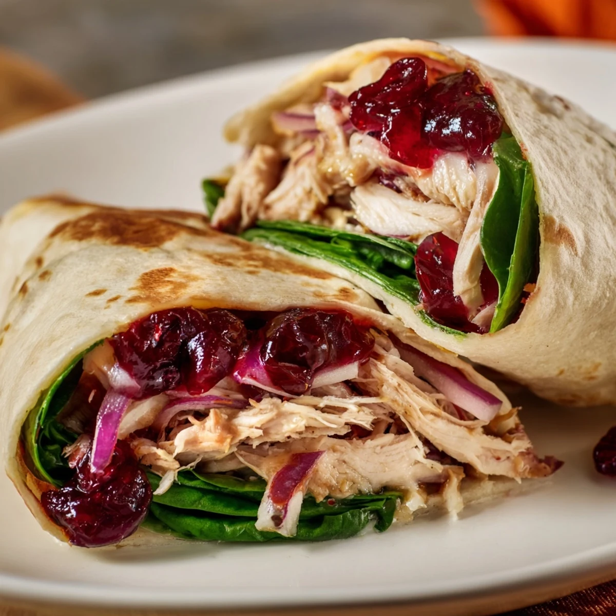 Golden-brown Chicken and Brie Holiday Wrap, melty brie oozing from a toasted tortilla.