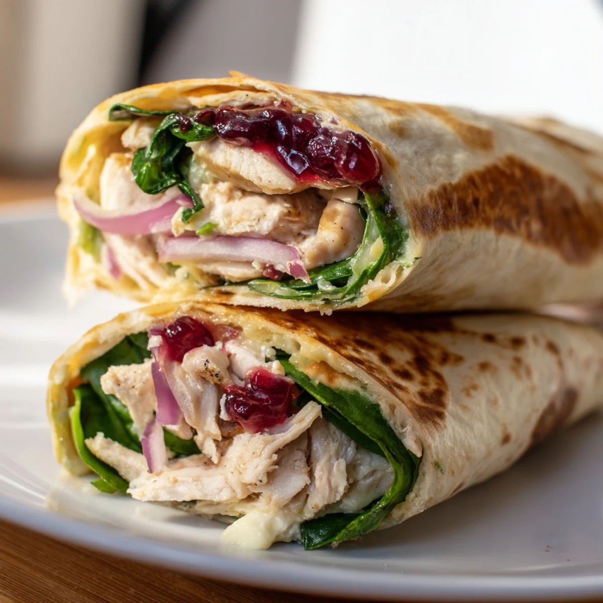 Close-up of a delicious Chicken and Brie Holiday Wrap, showcasing layers of chicken and spinach.