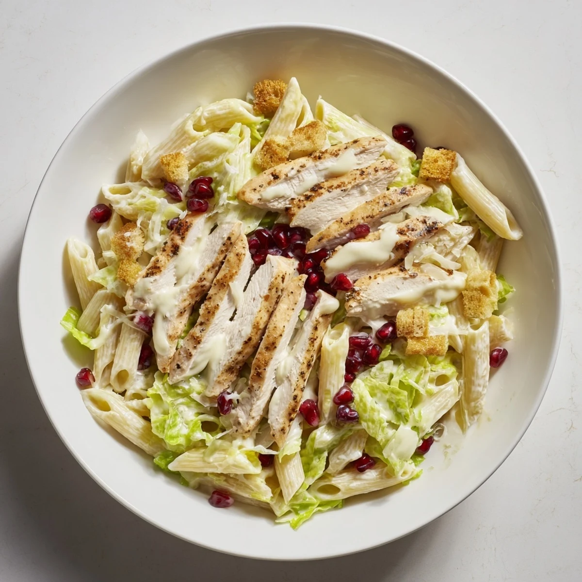 Creamy Chicken Caesar Pasta with Pomegranate, garnished with ruby pomegranate jewels and crunchy croutons.