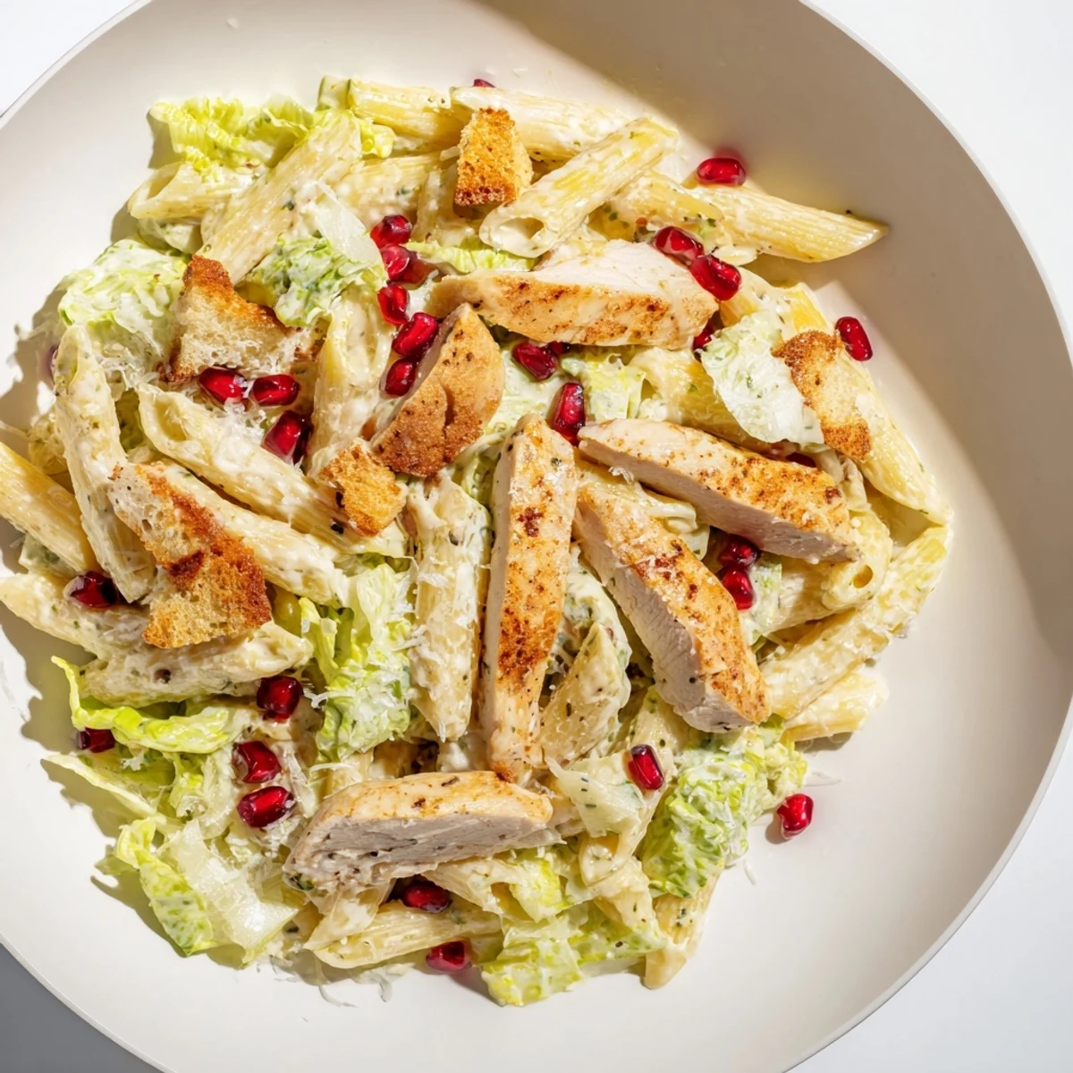 Savory Chicken Caesar Pasta with Pomegranate boasts grilled chicken and a vibrant, flavorful dressing on pasta.