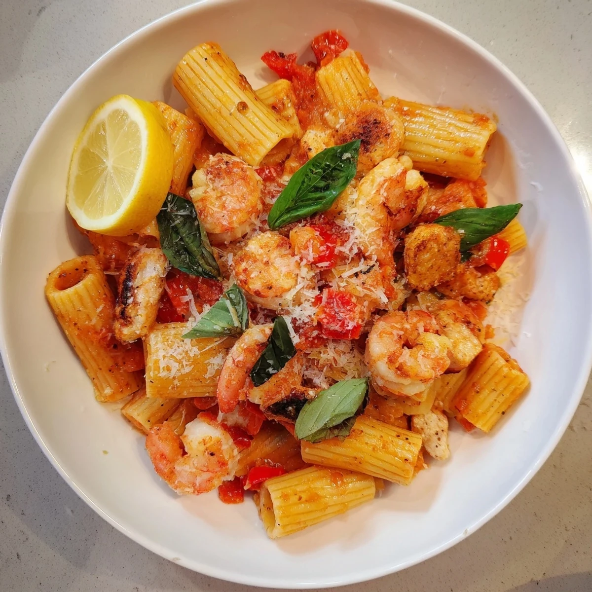 One-Pot Diavola Pasta features spicy tomato sauce coating chicken and shrimp, ready to eat.