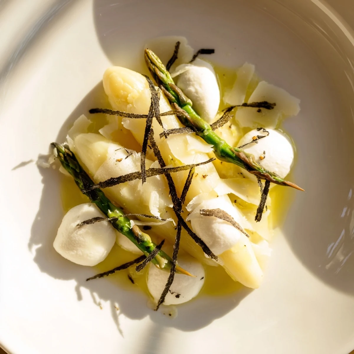 Elegant Silver Birch salad, showcasing tender asparagus with shaved cheese and aromatic truffle, ready to serve.