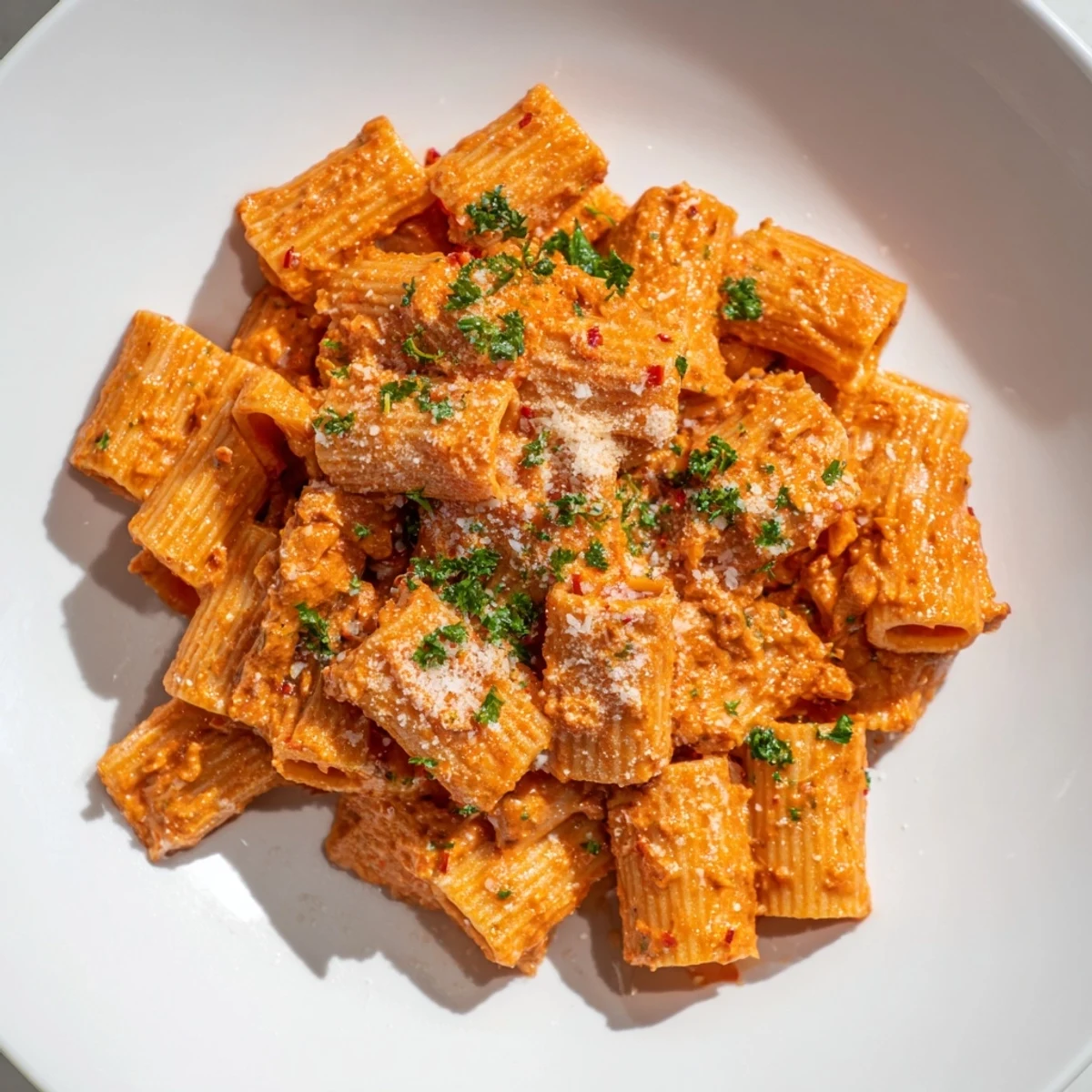 Perfectly cooked Gigi Hadid-Style Spicy Rigatoni: creamy, spicy pasta with Parmesan cheese, ready to serve!
