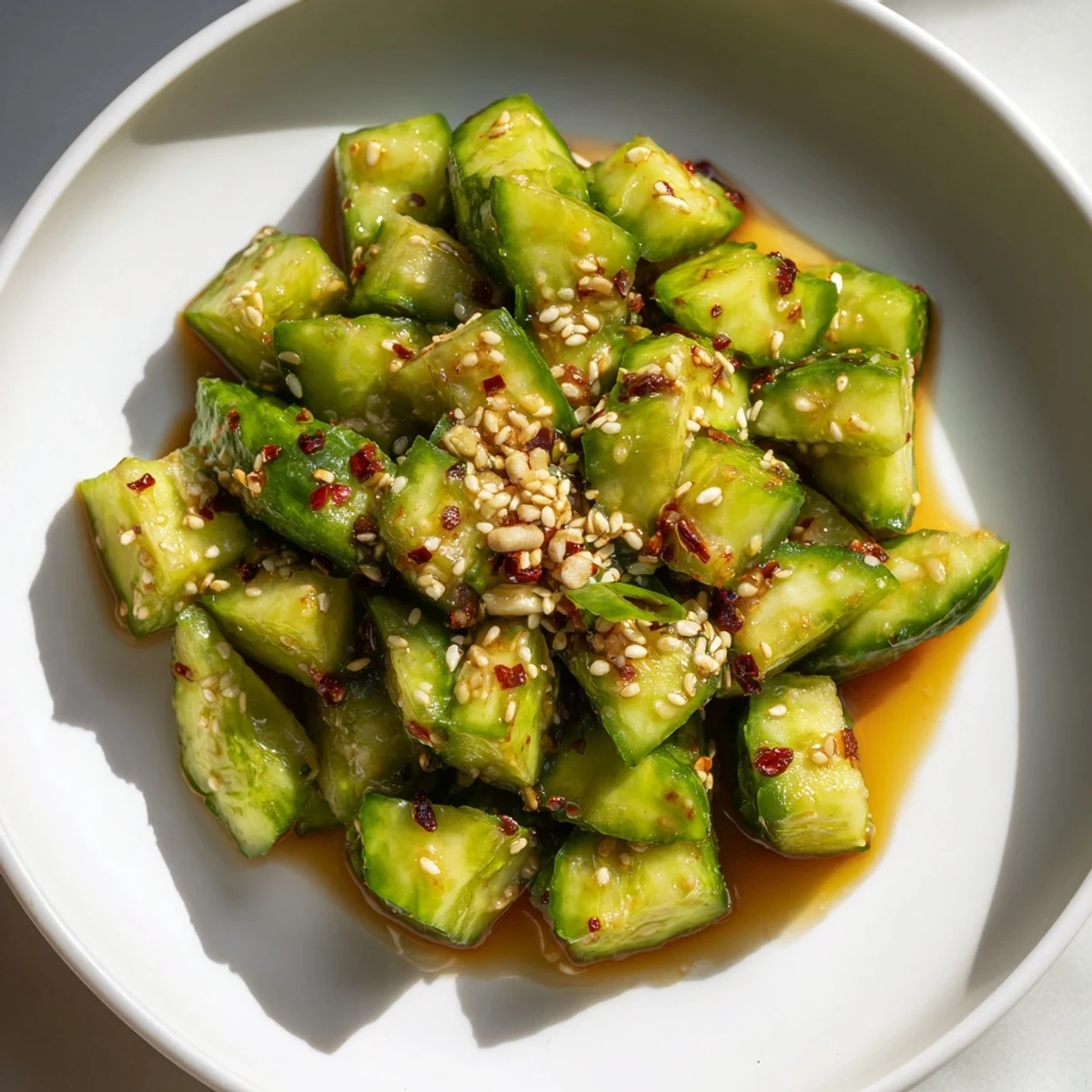 Bright and flavorful Chinese Spicy Smashed Cucumber Salad, ready to be enjoyed with sesame seeds.
