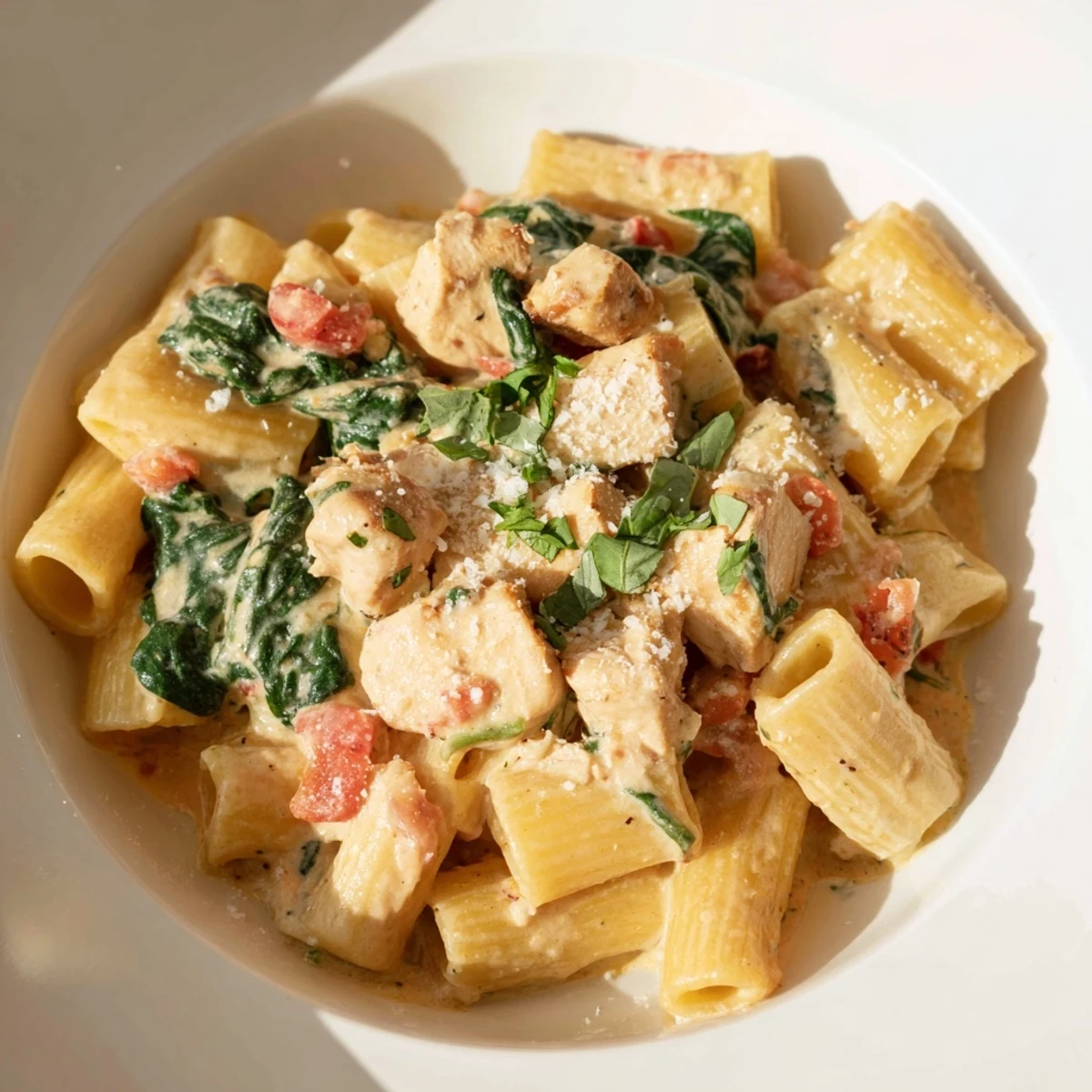 Creamy, flavorful Budget-Friendly Marry Me Chicken Pasta topped with fresh basil, ready for a delicious dinner.