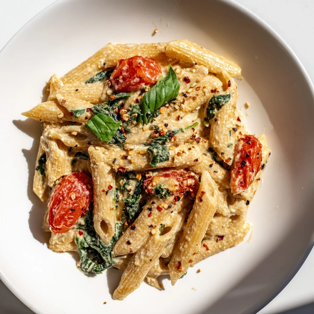 Savory cottage cheese high-protein pasta, featuring penne coated in a velvety, white cheese sauce.