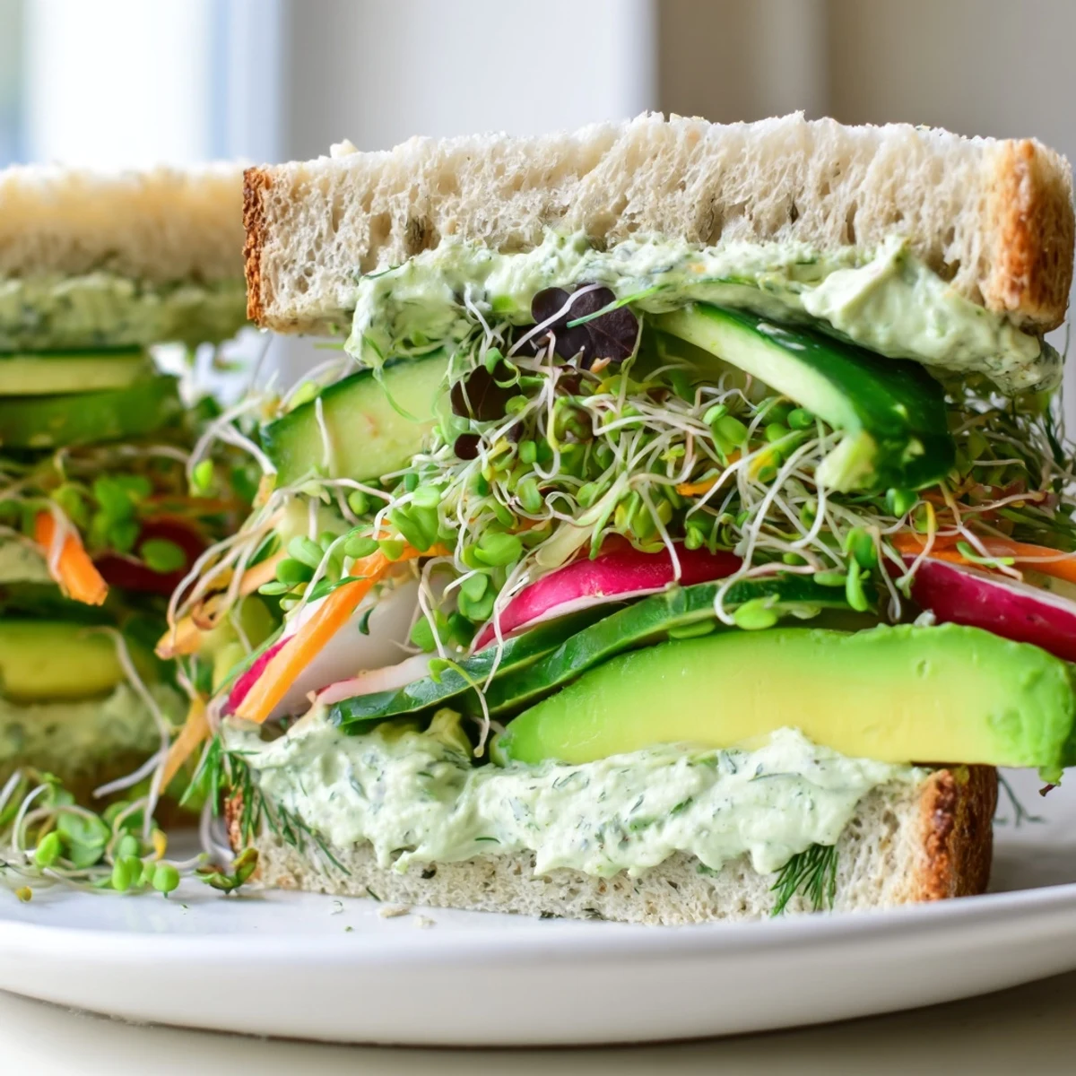 Vibrant Green Goddess Sandwich, showcasing creamy spread with colorful veggies layered between toasted bread slices.