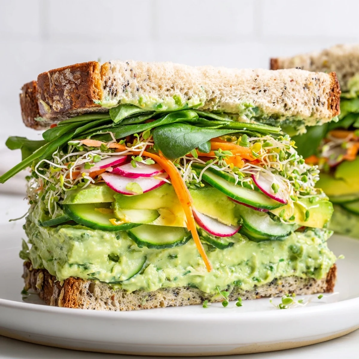 Freshly made Green Goddess Sandwich, piled high with crisp vegetables and a delicious, herby green sauce.