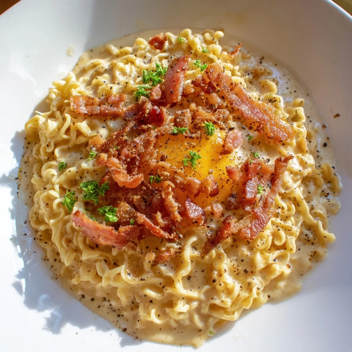 Perfectly cooked Ramen Carbonara hack, a comforting fusion dish with Parmesan and fresh parsley garnish.